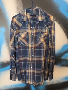 Men's Navy Plaid Vintage Snap Button-Down Shirt with Chest Pockets